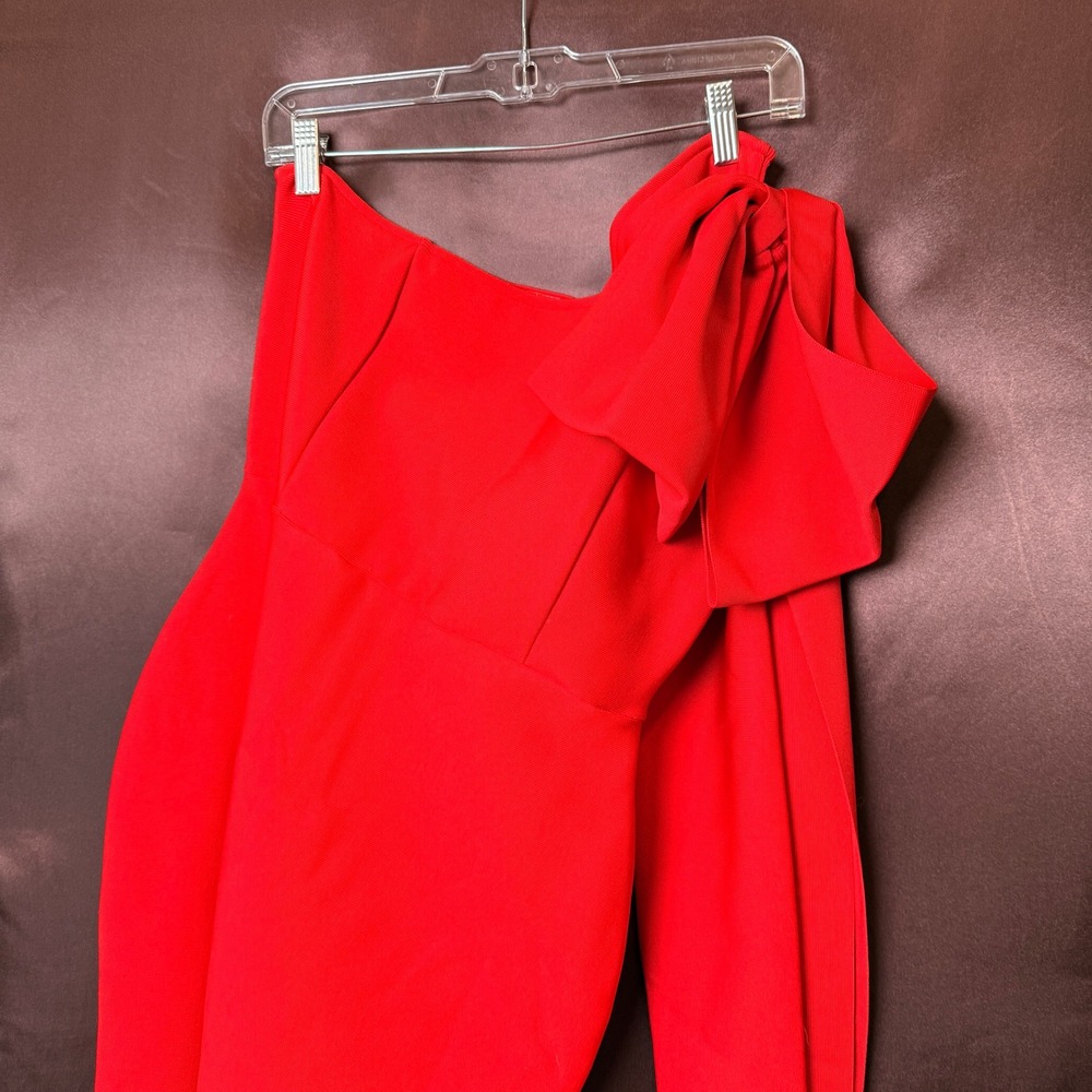 UONBOX Women's XL Red One Shoulder Long Sleeve Bowknot Bodycon Bandage Dress - Picture 3 of 7
